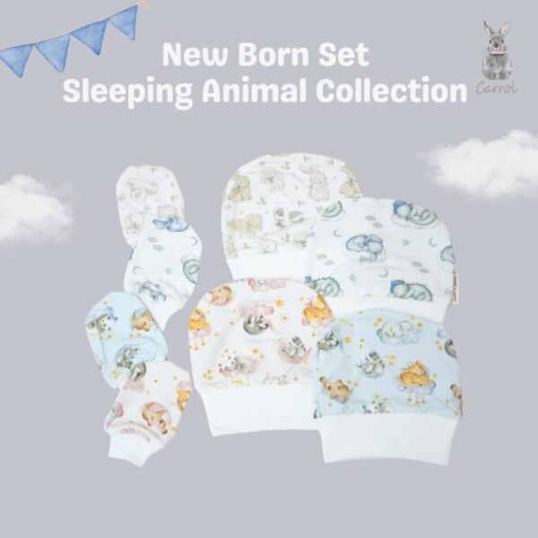 Carrol n Barrol New Born Set Tencel - Set Tangan Kaki Bayi Tencel - Topi Bayi Tencel - Sleeping Animals Collections