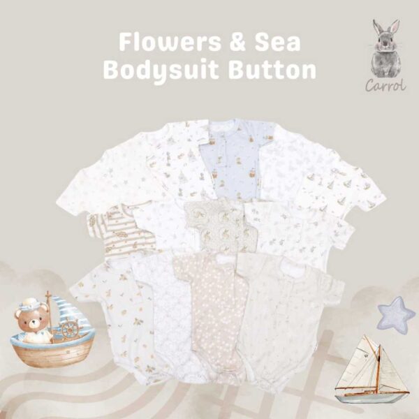 Carrol n Barrol Bodysuit Button Flowers n Sea Collections - Bodysuit Bayi Ribbed Katun Lucu - Bodysuit Motif Lucu