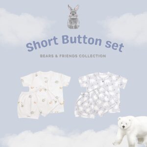 Carrol n Barrol Short Button Set Bear n Friends Collections - Setelan Pendek Bayi Katun - Baju Set Anak Katun