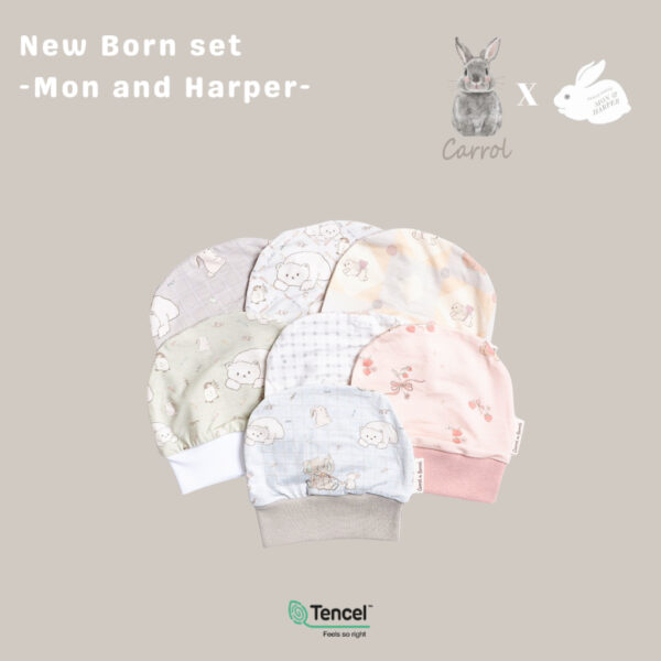 Carrol n Barrol X Mon n Harper New Born Set - Set Tangan Kaki Bayi Tencel - Topi Bayi Tencel