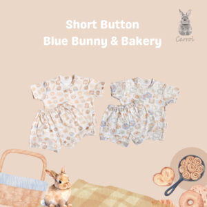 Carrol n Barrol Short Button Set Blue Bunny n Bakery Collections - Setelan Pendek Bayi Katun - Baju Set Anak Katun