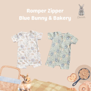 Carrol n Barrol Romper Zipper Blue Bunny n Bakery Collections - Romper Bayi Katun Lucu - Romper Motif Lucu