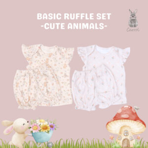 Carrol n Barrol Ruffle Basic Set Cute Animals Collections - Setelan Anak Ruffle Katun Ribbed - Setelan Motif Lucu